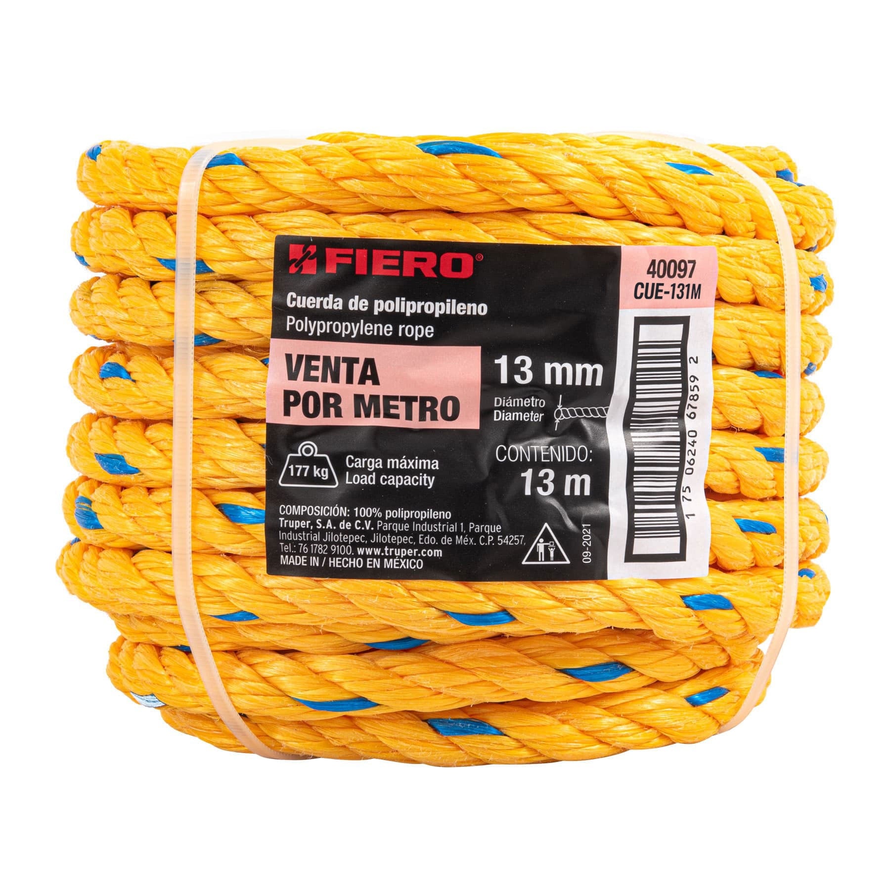 Fiero CUE-131M Cuerda amarilla de 13 mm en rollo de 13m, Fiero