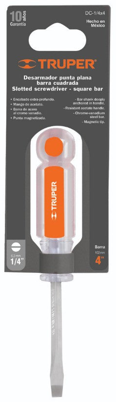 Truper DC-1/4X4 Desarmador plano, barra cuadrada, mango acetato, 1/4 x 4'