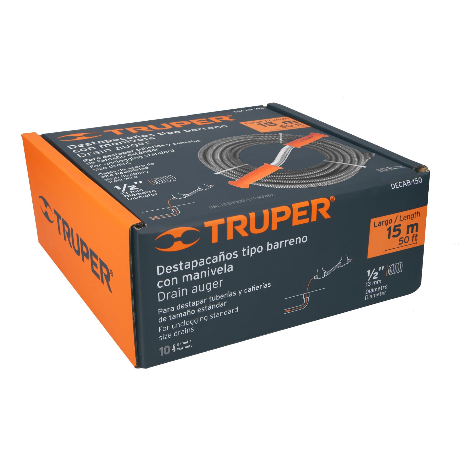 Truper DECAB-150 Destapacaños barreno con manivela 1/2' x 50 ft
