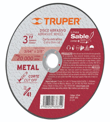 Truper DICOF-3010 Disco Tipo 41 para corte fino de metal 3'