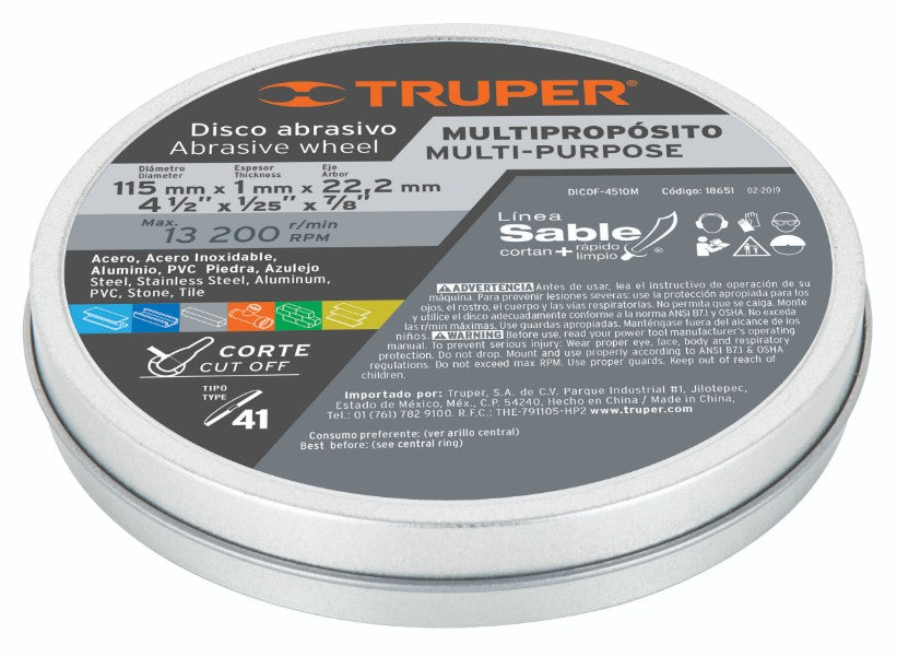 Truper DICOF- 4510M Disco Tipo 41 para corte multipropósito Línea Sable 4-1/2'