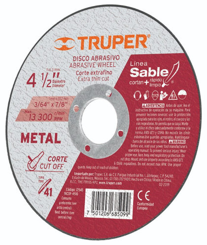 Truper DICOF-4510 Disco Tipo 41, corte fino de metal, Línea Sable 4-1/2',1mm