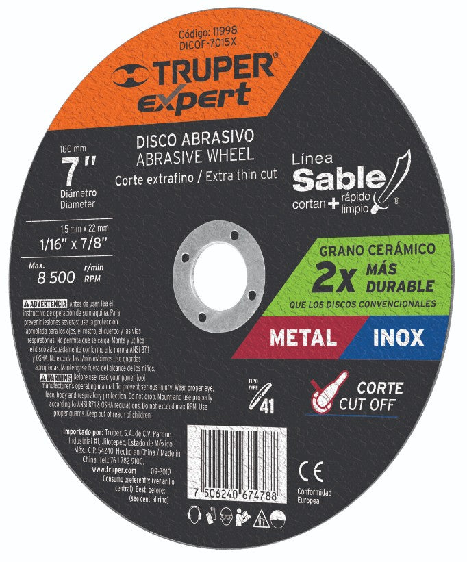 Truper DICOF-7015 Disco Tipo 41 para corte fino de metal Línea Sable 7', 1.5mm