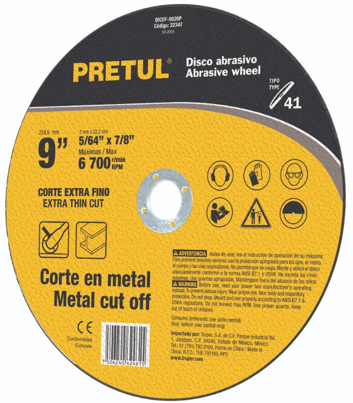 Pretul DICOF-9020P Disco Tipo 41 para corte fino de metal 9', 2 mm Pretul