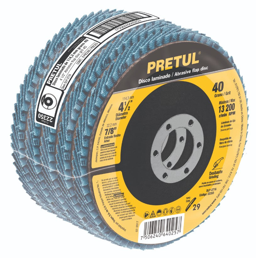 Pretul DLP-2716 Disco laminado, 4-1/2', grano 40, centro 7/8', Pretul