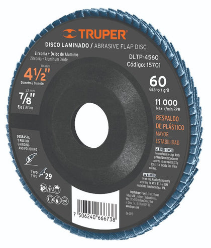 Truper DLTP-4560 Disco laminado respaldo plástico 4-1/2',barreno 7/8'grano 60