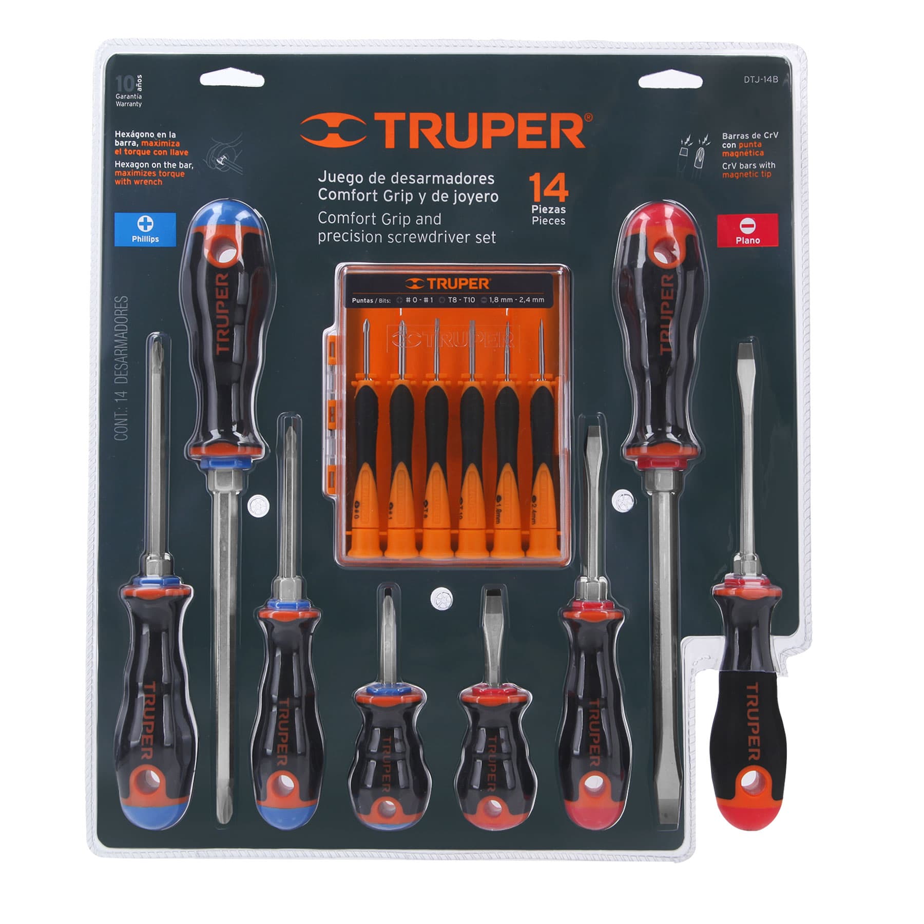 Truper DTJ-14B Juego de desarmadores, mango comfort grip, 14 piezas, bliste