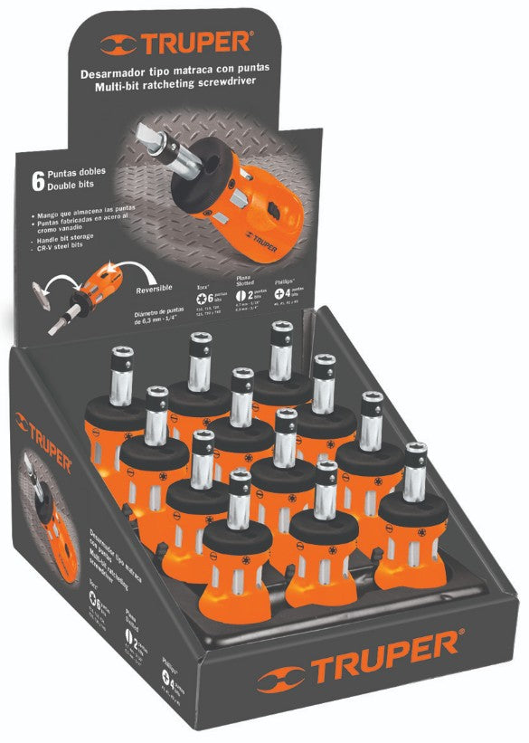 Truper DTROM-12 Desarmador tipo trompo con matraca, 6 puntas dobles