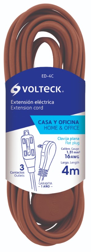 Volteck ED-4C Extensión eléctrica doméstica con clavija plana, 4m, café