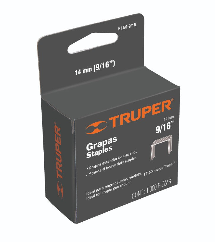 Truper ET-50-9/16 Grapas para ET-50, 9/16', caja con 1000 piezas