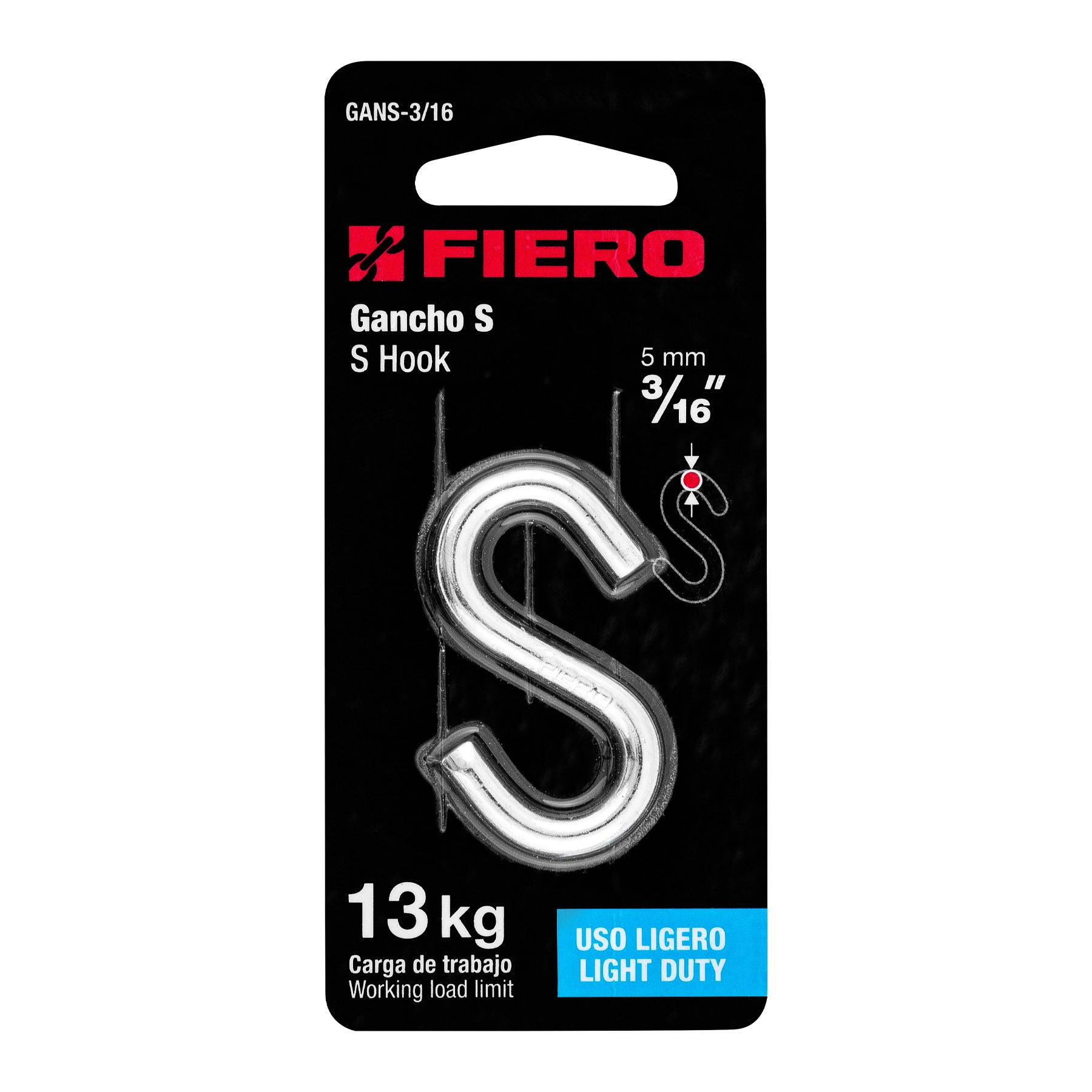 Fiero GANS-3/16 Gancho 'S' de 3/16' de acero para cable