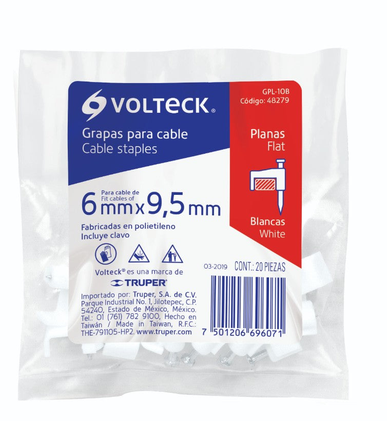 Volteck GPL-10B Grapa para cable plano, 6 X 9.5 mm, blanca, bolsa 20 pzas
