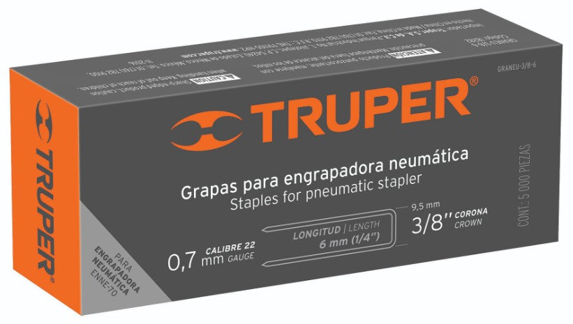 Truper GRANEU-3/8-6 Grapas para engrapadora neumática ENNE-70, 6mm, 5,000 pzas