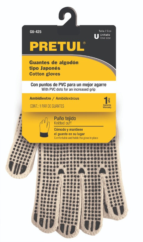 Pretul GU-425 Guantes de algodón con puntos de PVC en palma y dorso,Pretul