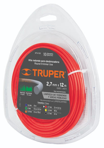 Truper HTA-105 Hilo redondo para desbrozadora, 12 m largo, 2.7 mm, blister