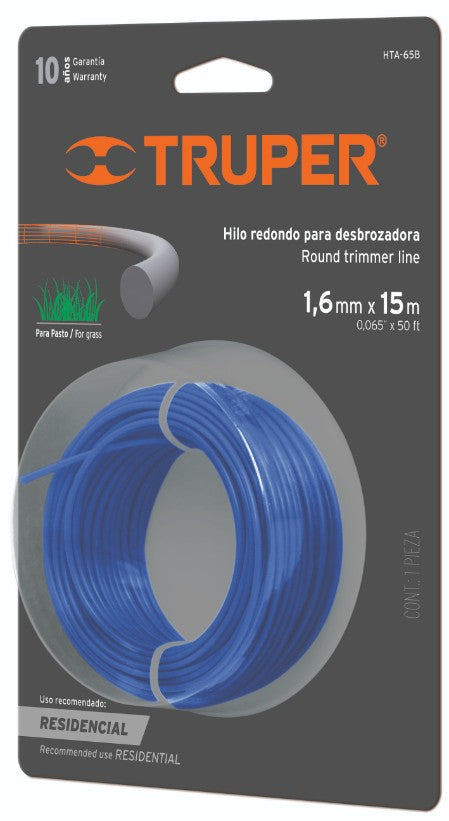 Truper HTA-65B Hilo redondo para desbrozadora, 15 m largo, 1.6 mm, blister