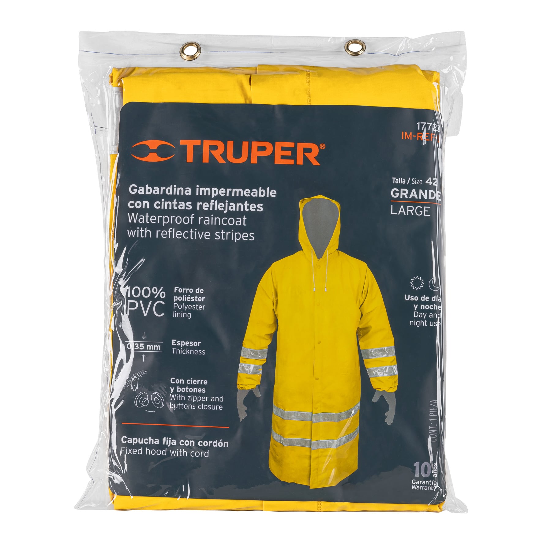 Truper IM-REF-L Gabardina impermeable con reflejante, talla grande, PVC