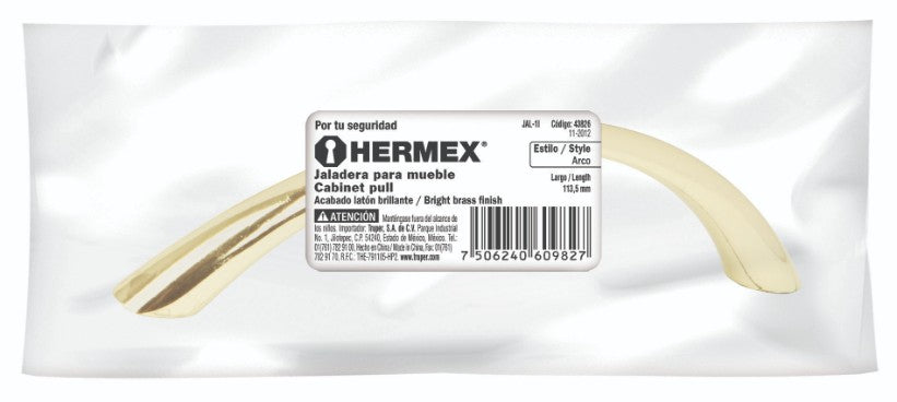 Hermex JAL-0222 Jaladera, latón brillante, estilo Arco, 128 mm