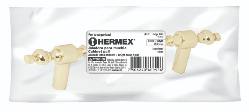 Hermex JAL-0521 Jaladera, latón brillante, estilo Colonial