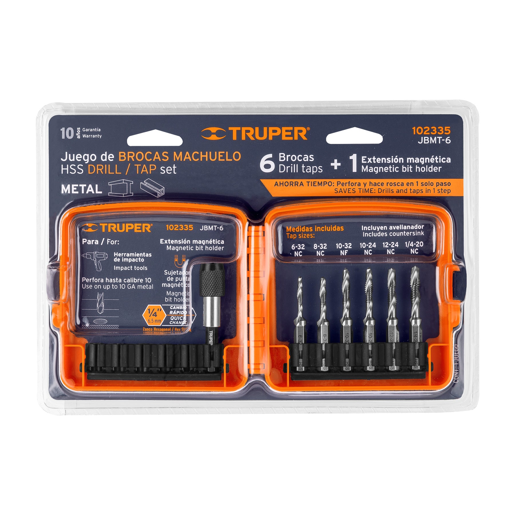 JBMT-6 Juego de 6 brocas HSS con machuelo para metal, Truper