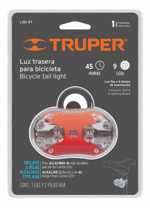 Truper LIBI-9T Linterna para bicicleta, 9 LED, trasera