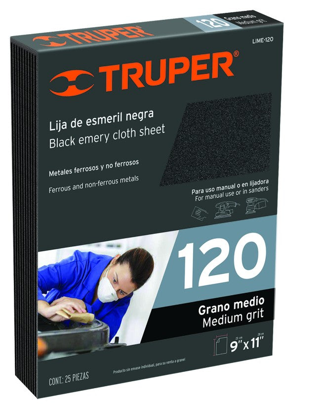 Truper LIME-120 Lija de esmeril negra respaldo de tela, grano 120
