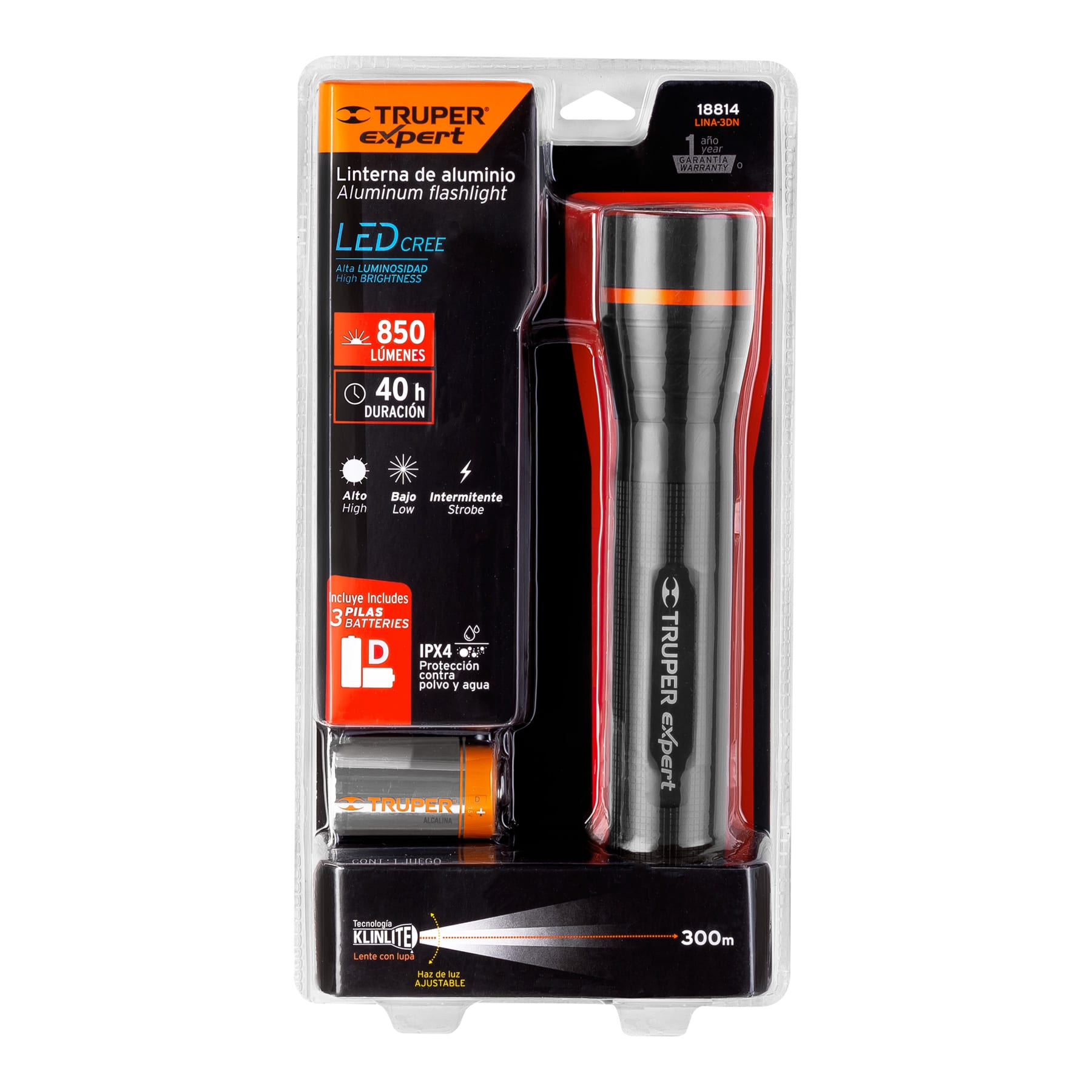 Expert LINA-3DN Linterna de aluminio, de pilas, 850 lm, LED Cree
