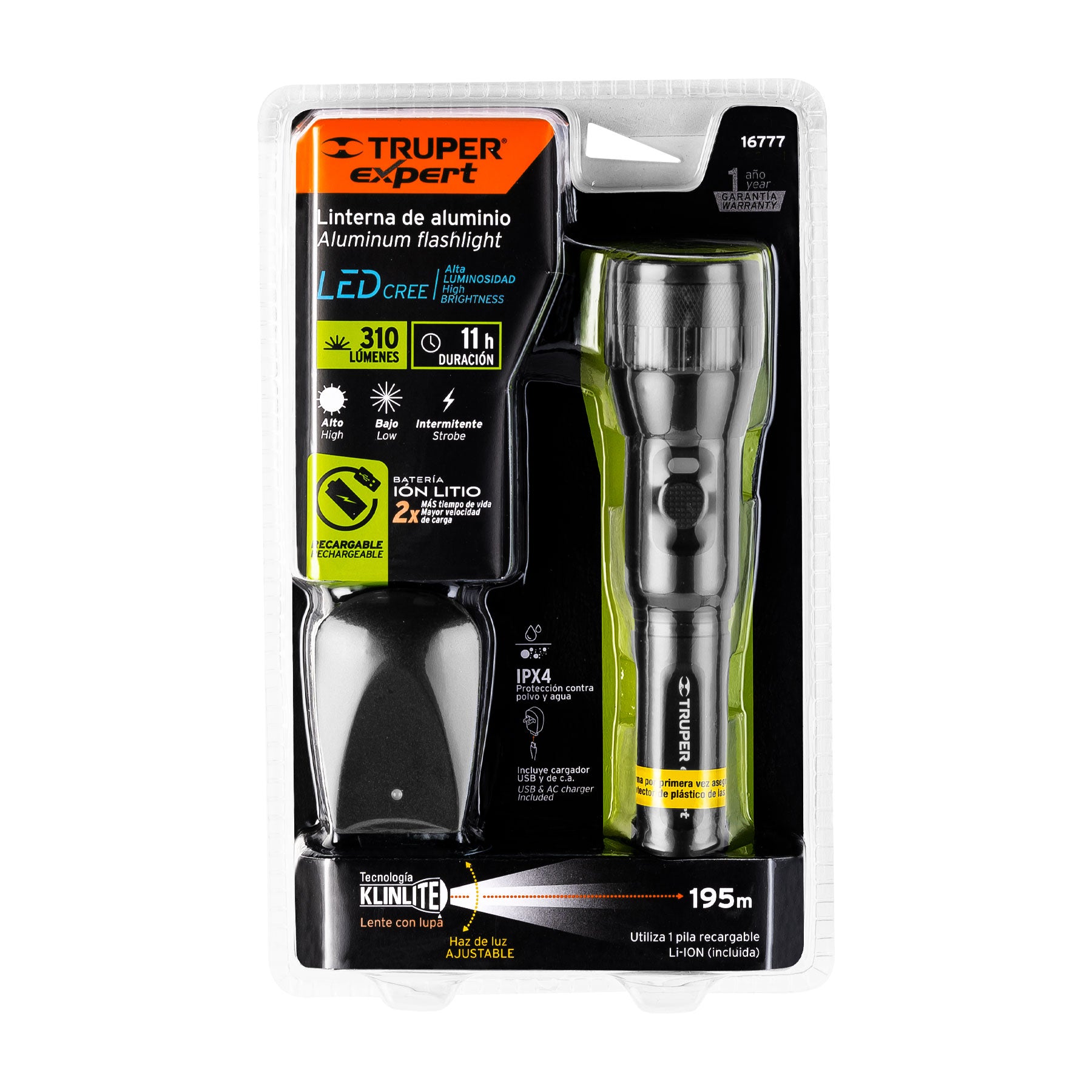 Expert LIXR-2AA Linterna LED recargable de aluminio 310 lm, Truper Expert