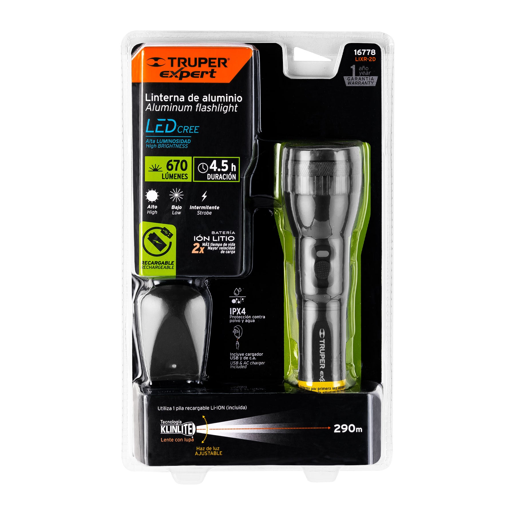 Expert LIXR-2D Linterna LED recargable de aluminio 670 lm, Truper Expert