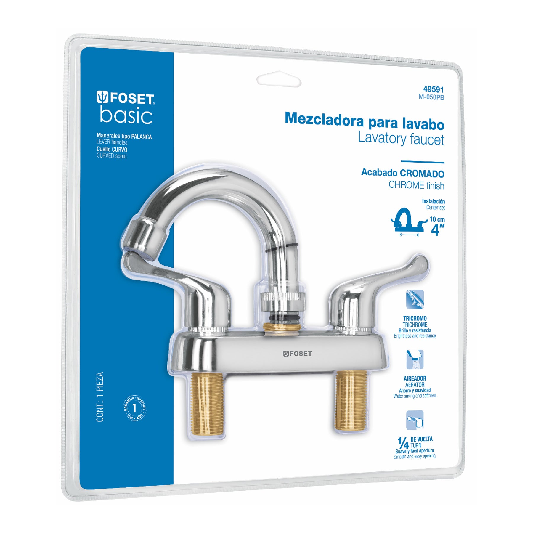 Foset M-050PB Mezcladora lavabo, manerales palanca, cuello curvo, blister