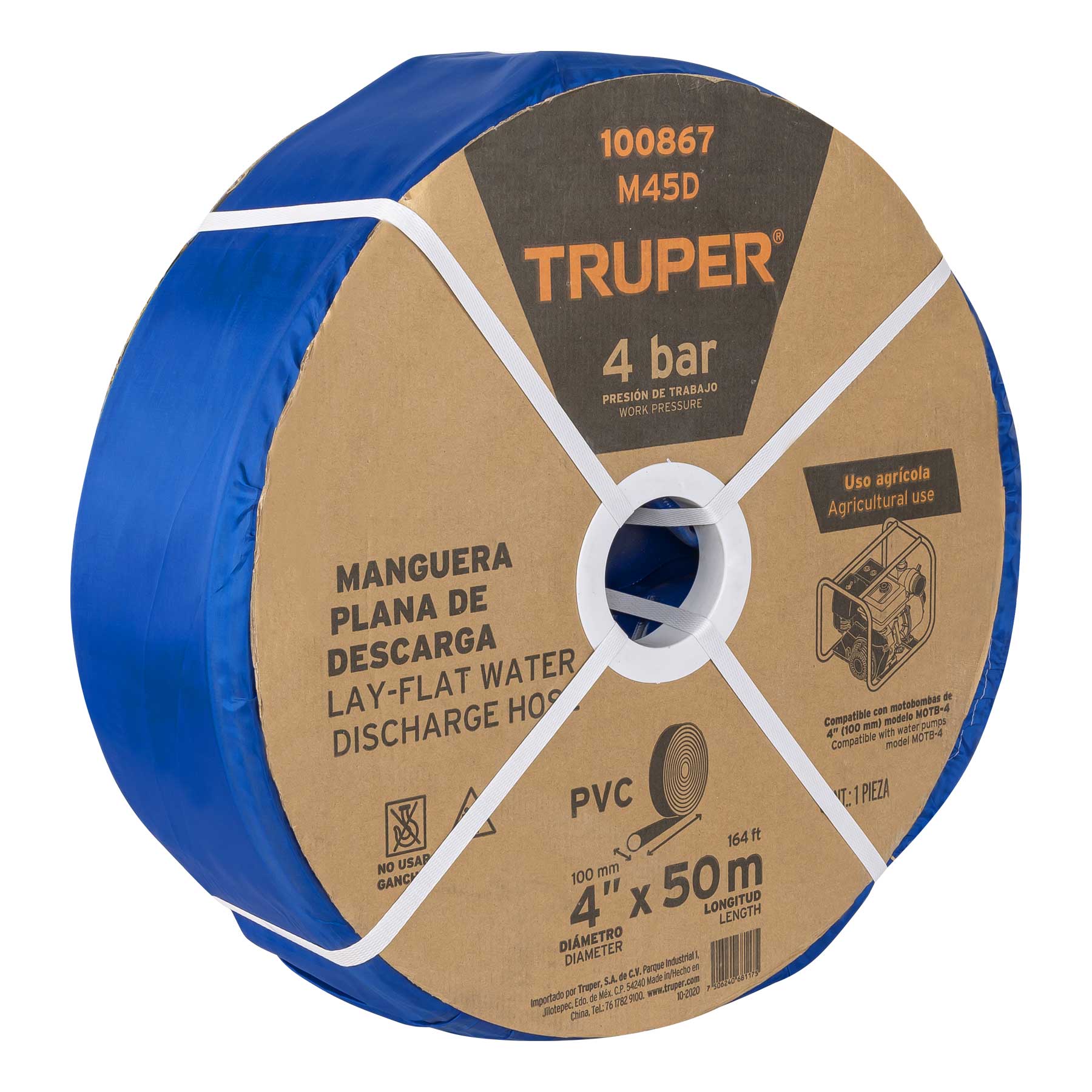 Truper M45D Rollo de manguera plana de 4' x 50m de descarga p/motobomba
