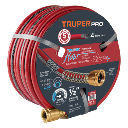 Truper MAN-30X1/2X Manguera 1/2' super reforzada 4 capas 30 m conexiones metal