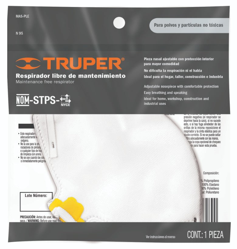 Truper MAS-PLE Respirador plegable N95, para polvos y partículas, 1 pieza