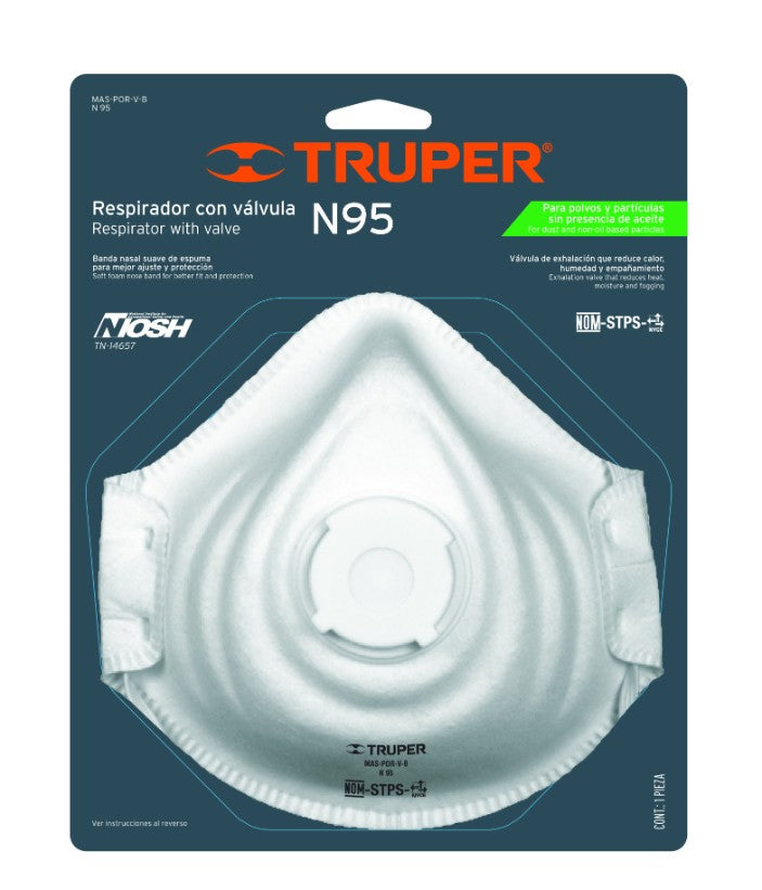 Truper MAS-POR-V-B Respirador N95 con válvula para polvos y partículas, 1 pieza