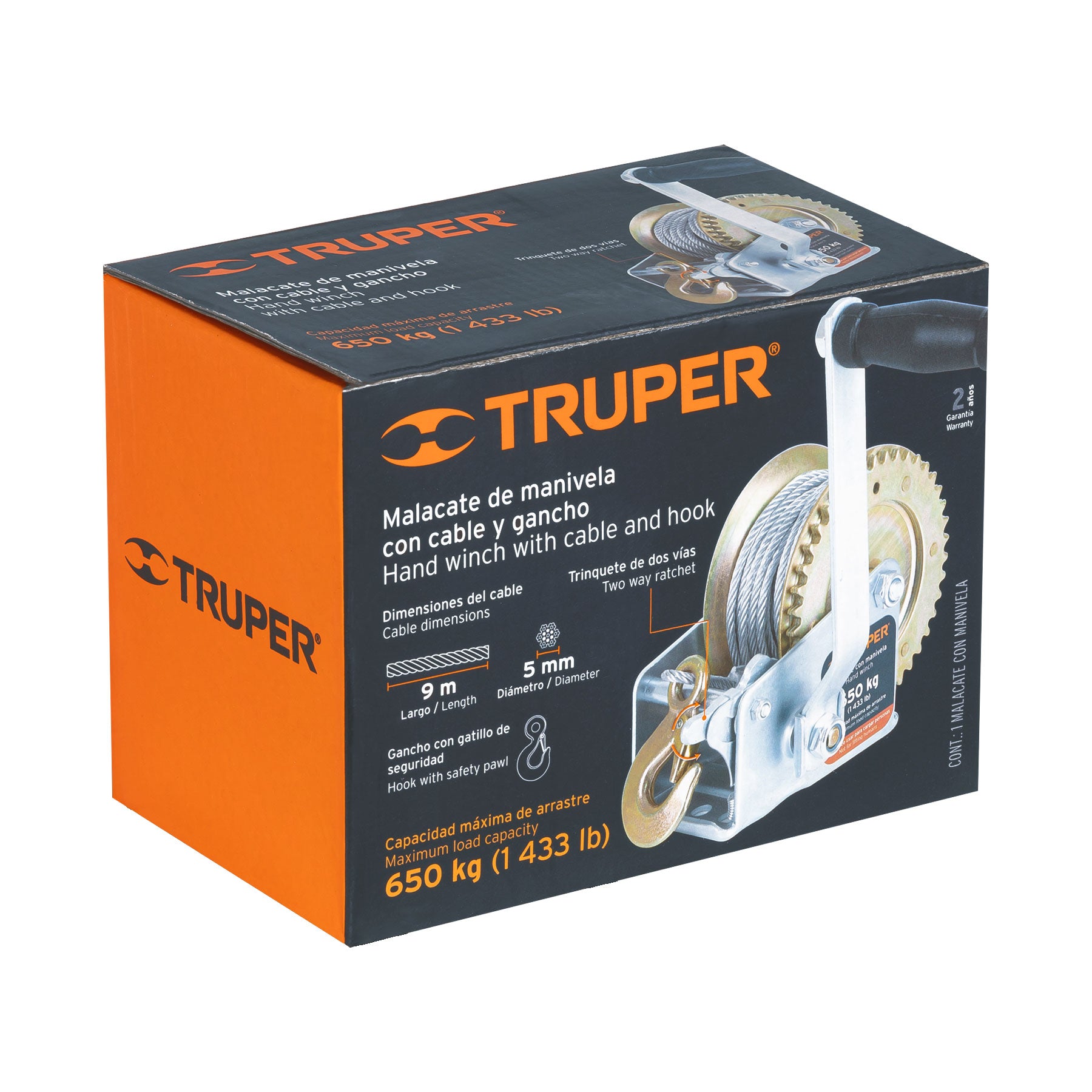 Truper MAW-54C Malacate con manivela, 650 kg, con cable