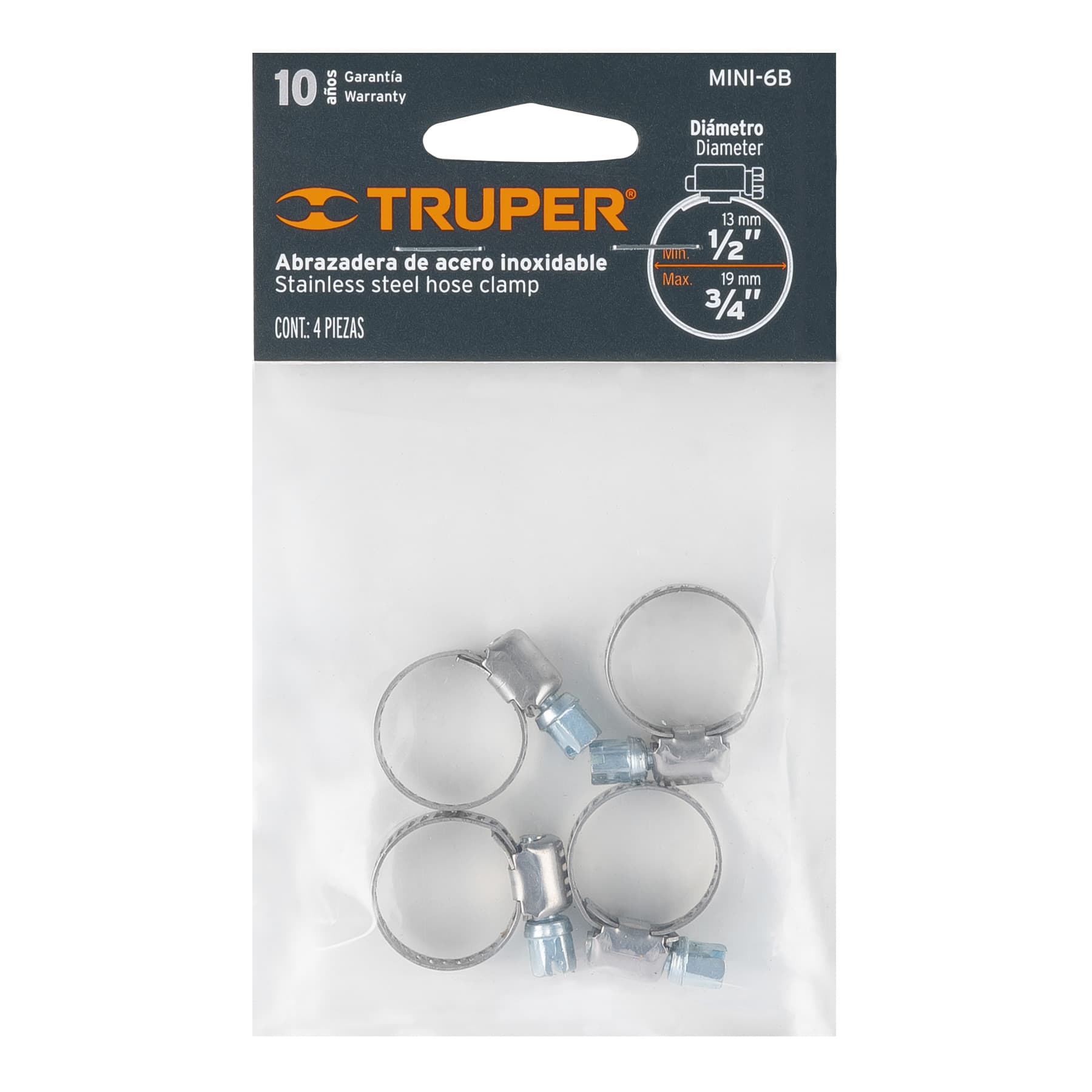 Truper MINI-6B Abrazadera mini-6 de acero inoxidable, blister con 4 pzas
