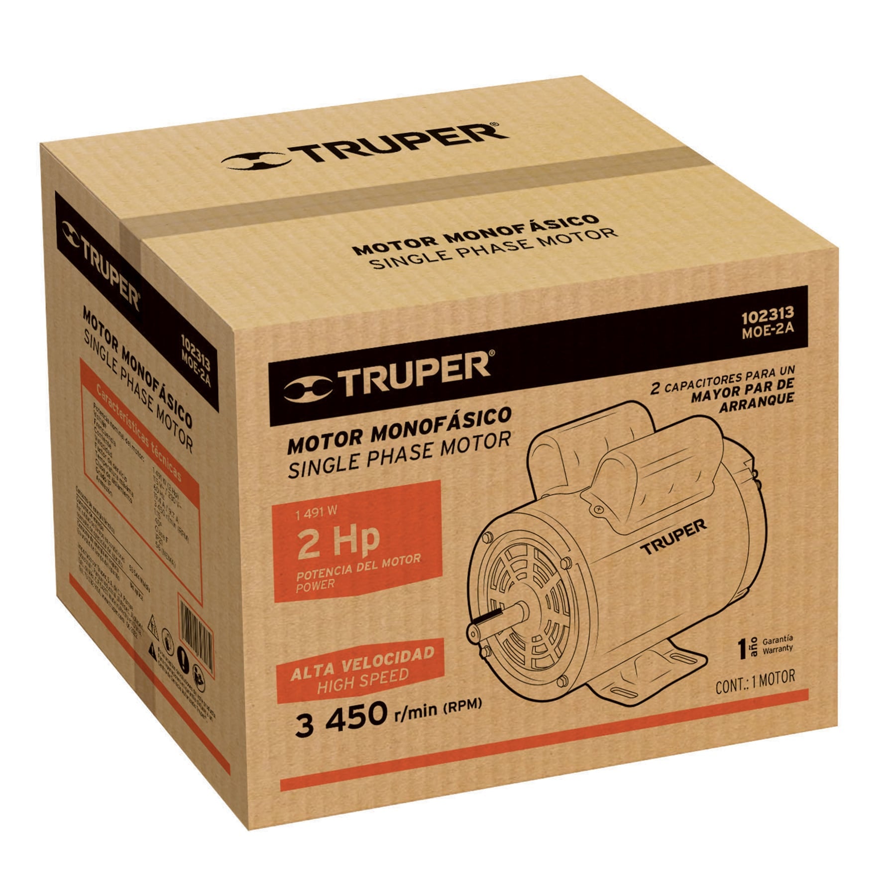 Truper MOE-2A Motor eléctrico monofásico de 2 HP, alta velocidad