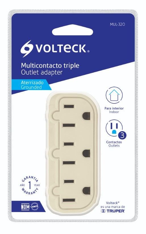 Volteck MUL-320 Multicontacto triple aterrizado, barra, Volteck