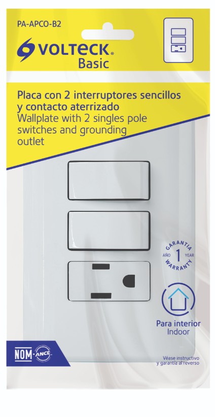 Volteck PA-APCO-B2 Placa armada con contacto y 2 interruptores sencillos, Basic