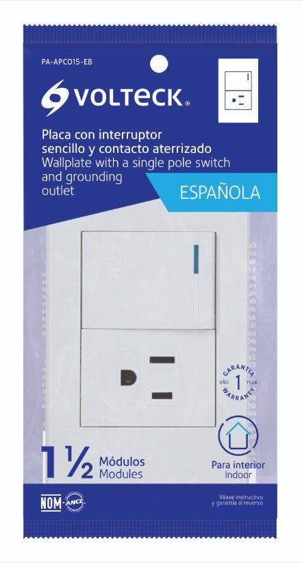 Volteck PA-APCO15-EB Placa armada 1 interruptor,1contacto,1.5mod,Española, blanco