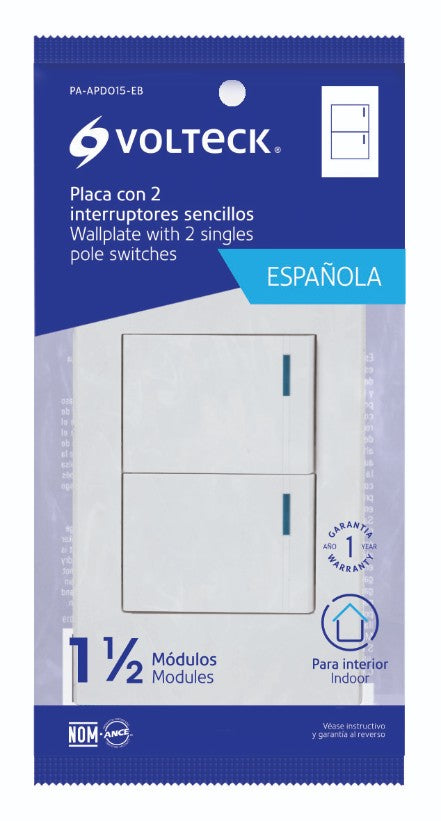 Volteck PA-APDO15-EB Placa armada 2 interruptores, 1.5 módulos, Española, blanco
