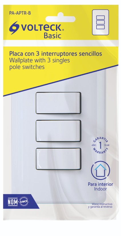 Volteck PA-APTR-B Placa armada con 3 interruptores sencillos, Volteck Basic