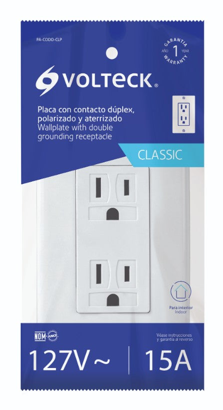 Volteck PA-CODO-CLP Placa armada contacto dúplex, 2 polos + tierra Classic