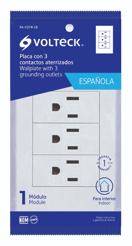 Volteck PA-COTR-EB Placa armada 3 contactos, 1 módulo, Española, blanco