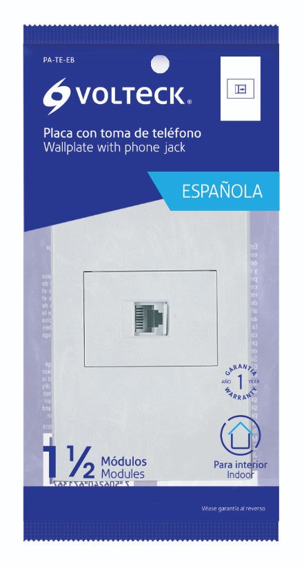 Volteck PA-TE-EB Placa armada 1 toma para teléfono, 1.5 mod, Española, blanco