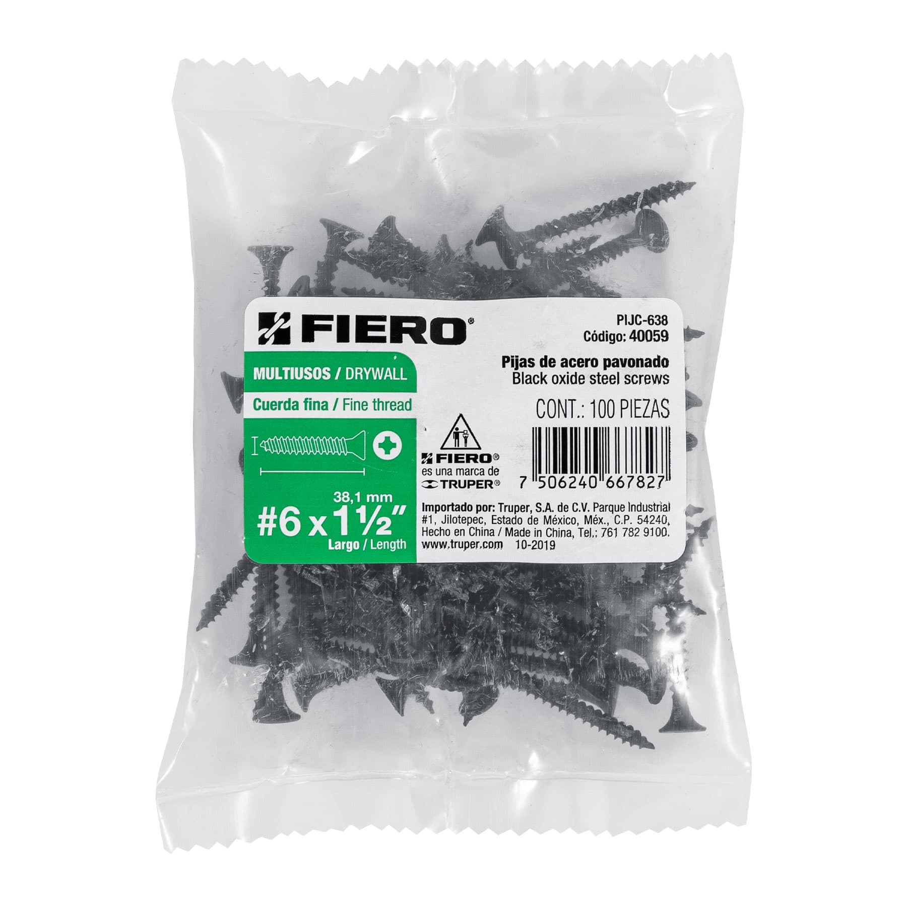 Fiero PIJC-638 Bolsa con 100 pijas #6 x 1-1/2" multiusos cuerda cerrada