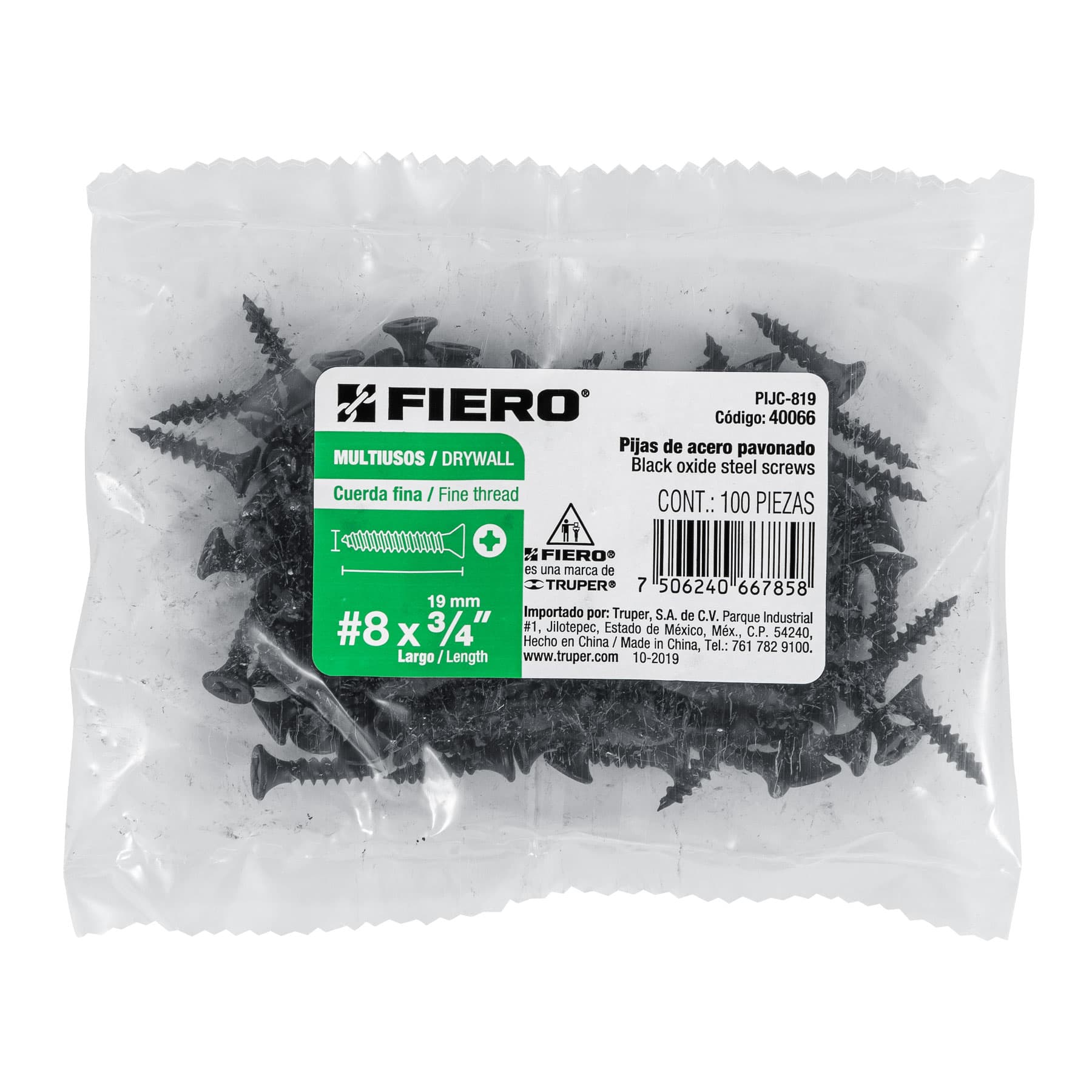 Fiero PIJC-819 Bolsa con 100 pijas #8 x 3/4" multiusos cuerda cerrada