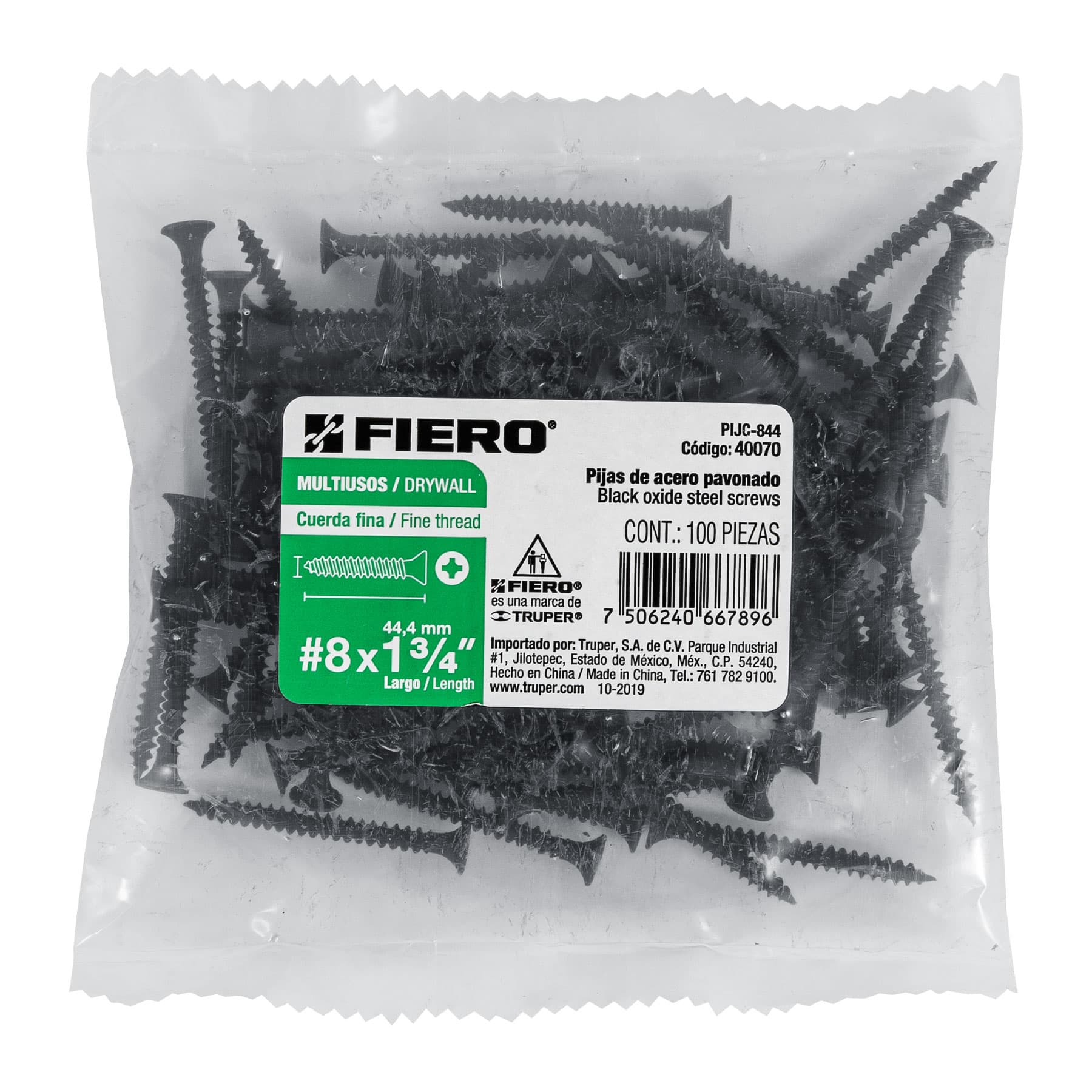 Fiero PIJC-844 Bolsa con 100 pijas #8 x 1-3/4" multiusos cuerda cerrada