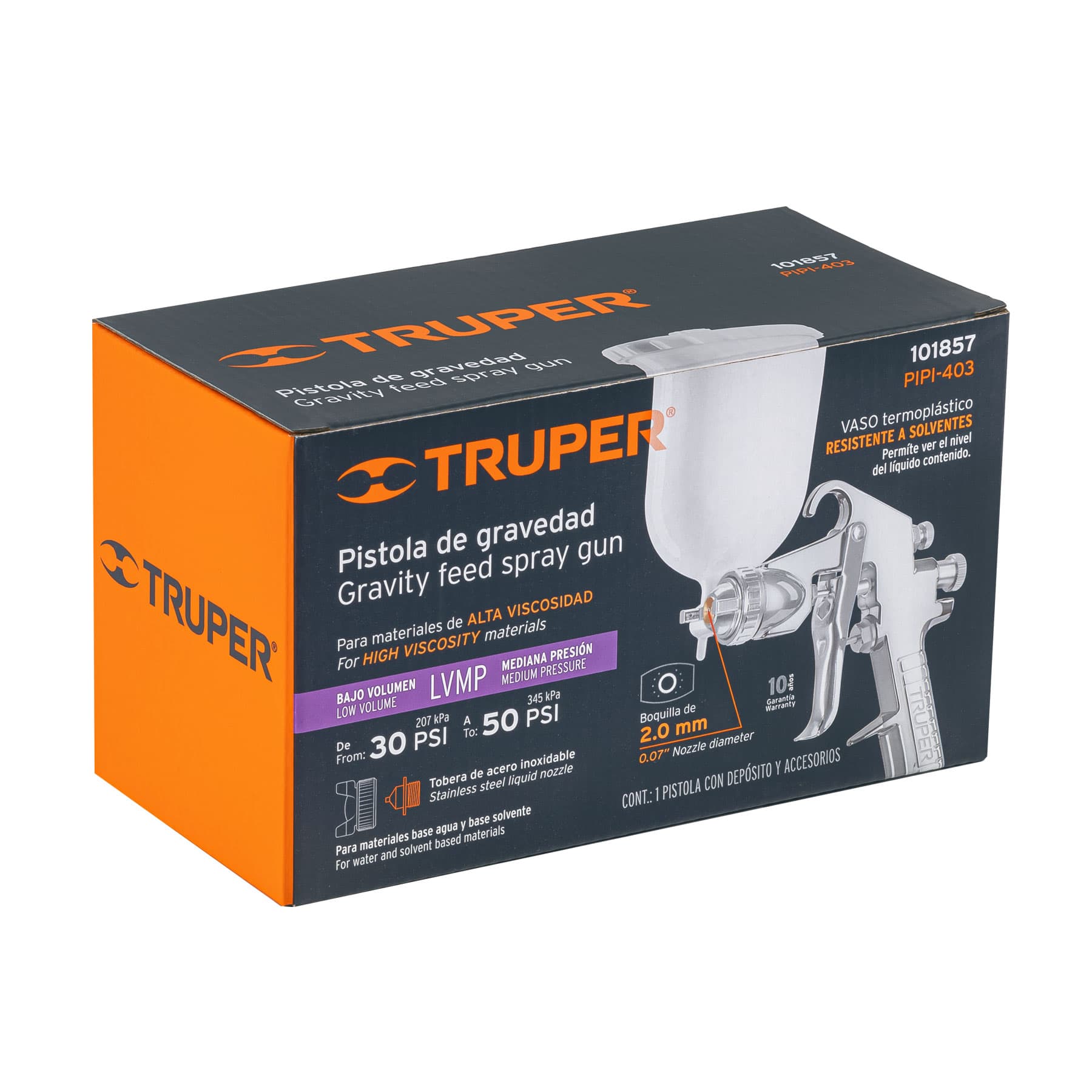 Truper PIPI-403 Pistola p/pintar gravedad LVMP vaso plástico, 2 mm, Truper