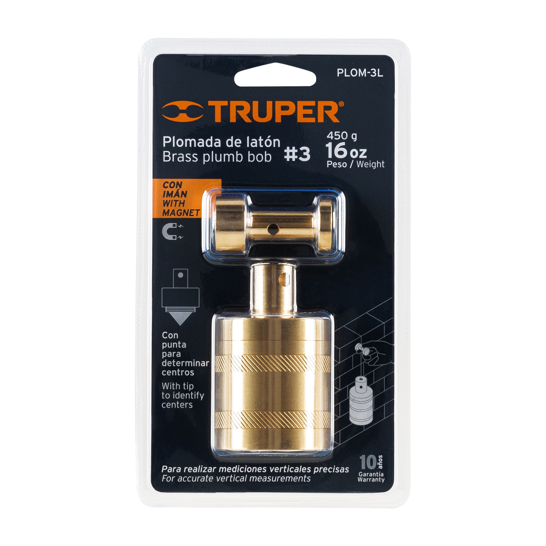 Truper PLOM-3L Plomada de latón 16 oz con centro y guía magnética